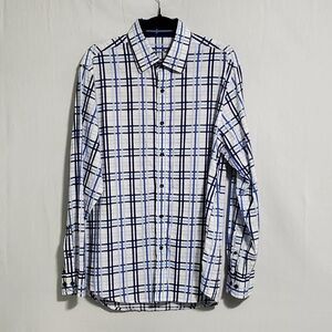 Tasso Elba Casual Button Up Men's 16 - 16.5 Shirt Long Sleeve White Blue Plaid